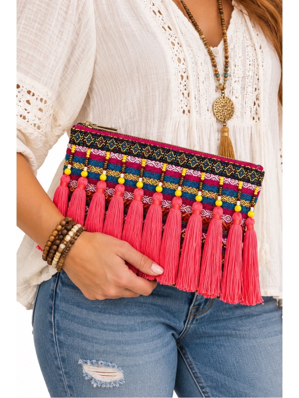 Merona Colorful Boho Woven Fringe Clutch